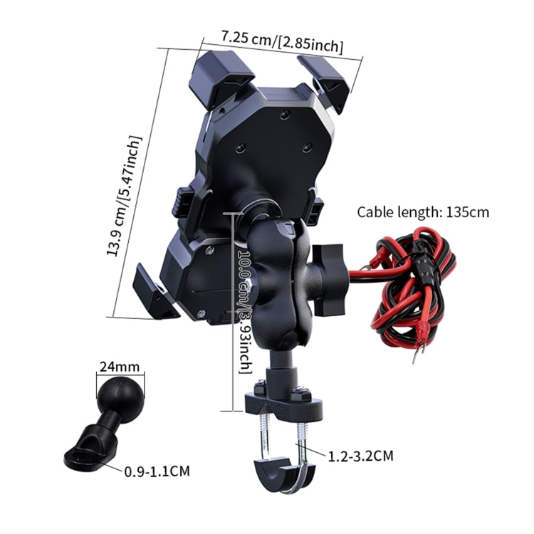 Retractable phone stand mount arms and charging cable shown with size dimensions