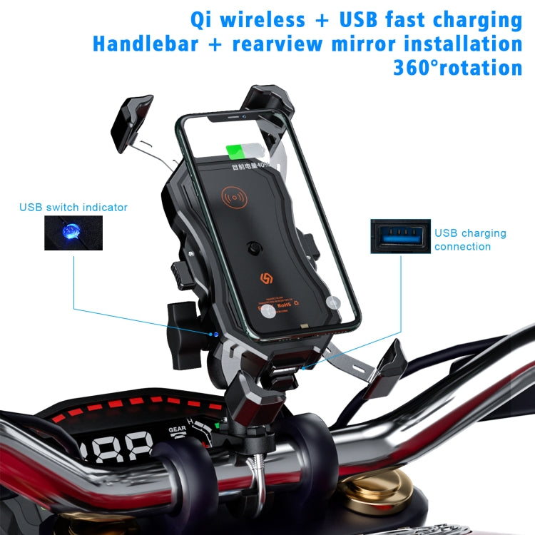 Motorcycle handlebar phone stand with wireless charging, rearview mirror, and 360° rotation