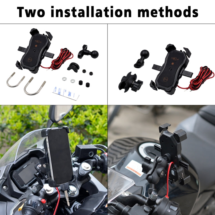 Motorcycle phone stand kit with mounting parts and cables, showing two installation methods