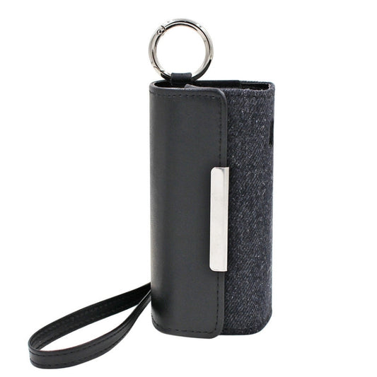 Black leather e-cigarette storage pouch with keyring, wrist strap, and front slot