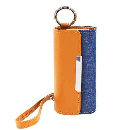 Orange and blue two-tone leather e-cigarette storage pouch with keyring and wrist strap