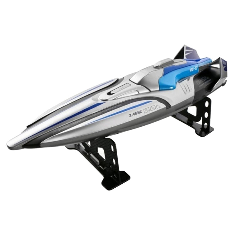 Silver and blue RC racing boat with black propeller mounts