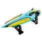 Teal and yellow RC racing boat with black propeller mounts