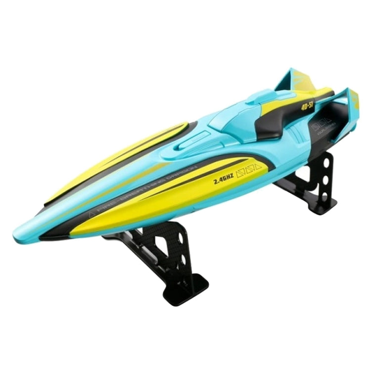 Teal and yellow RC racing boat with black propeller mounts
