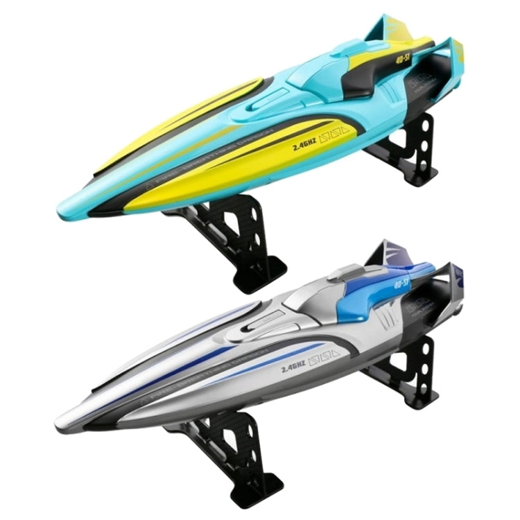 Set of two RC racing boats: teal/yellow and silver/blue, with black mounts