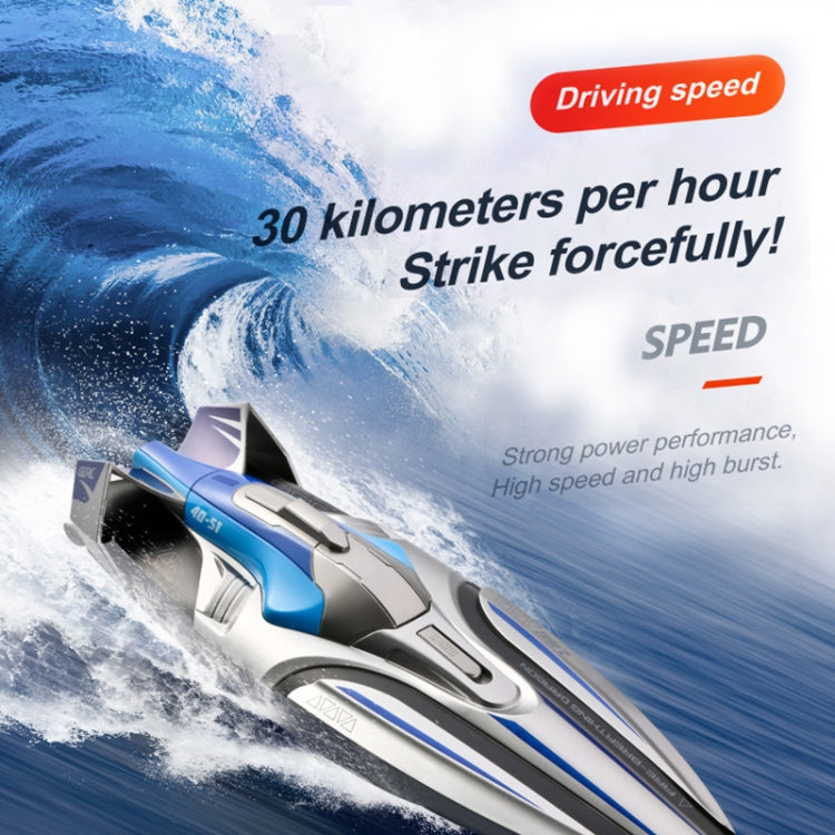 Blue and silver RC racing boat with black rear propellers