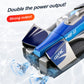 Blue RC racing boat with exposed front propeller and detailed hull