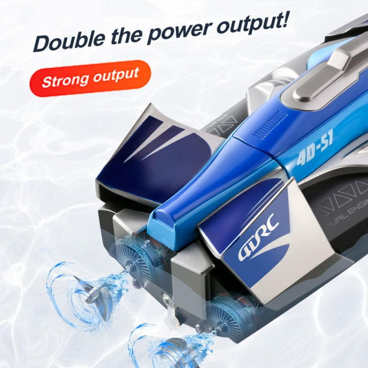 Blue RC racing boat with exposed front propeller and detailed hull