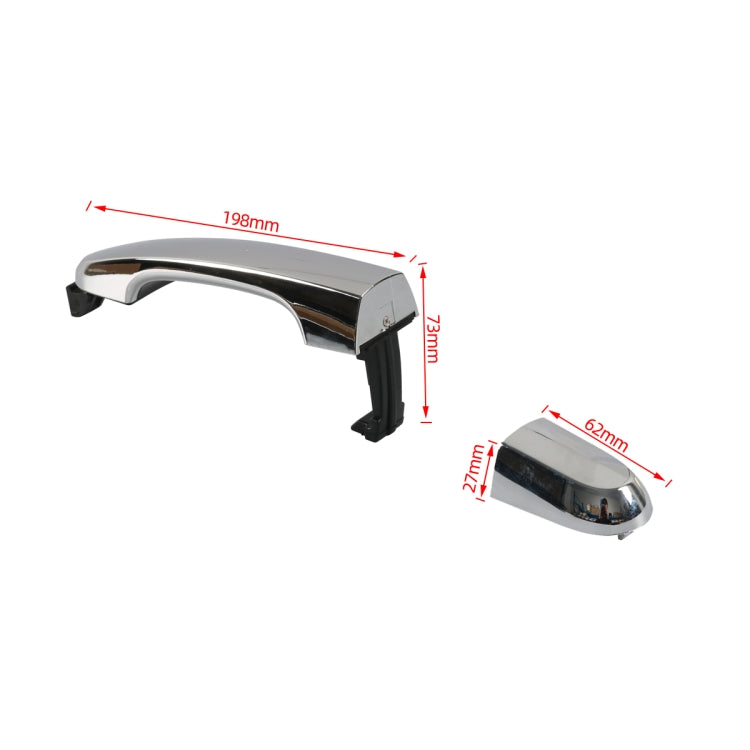 Car rear left outside door handle with dimensions; metal finish and black base