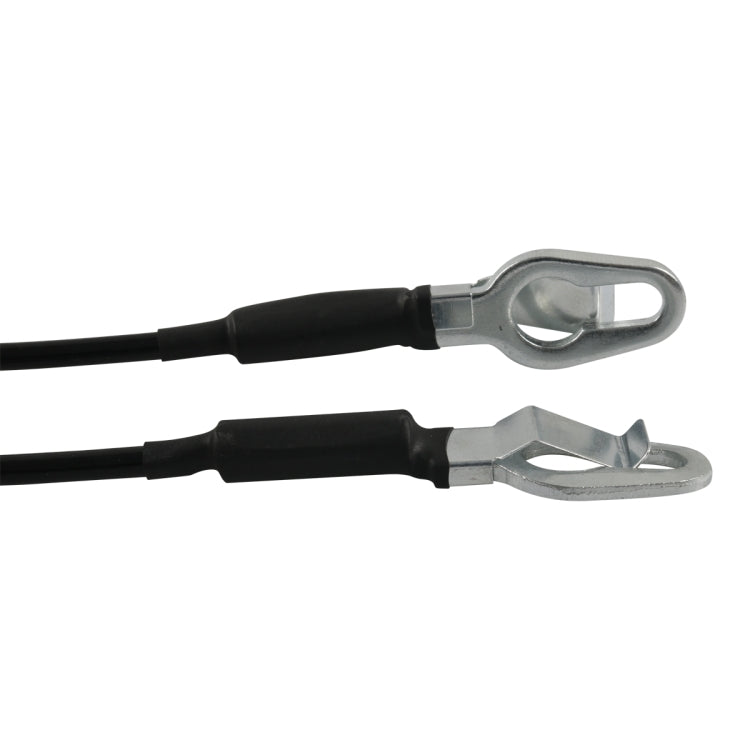 Black car tailgate support cable with silver metal loop ends, close-up view