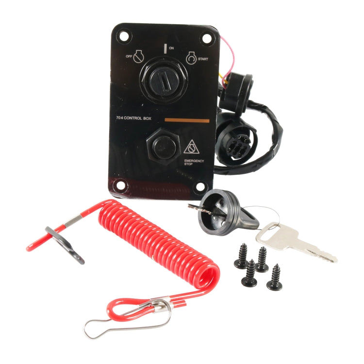 Yamaha outboard key switch panel kit with black housing, red lanyard, screws, and keys