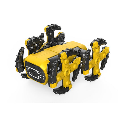 Yellow and black DIY gesture sensing robot dog with articulated legs and front screen