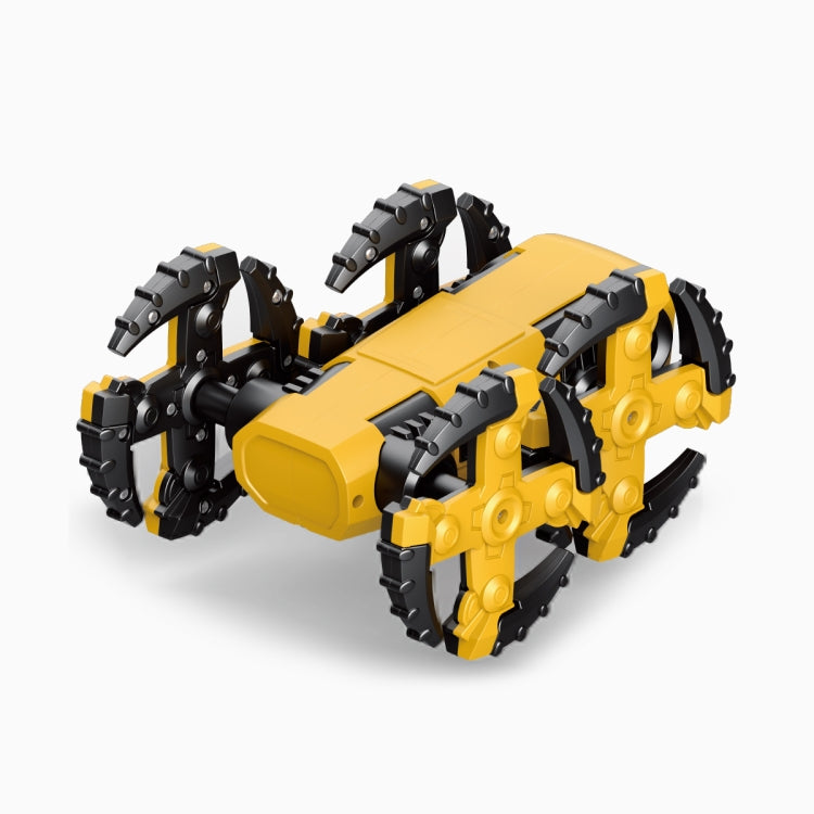 Yellow and black modular robot dog toy with side body panels and tread-like legs