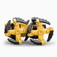 Two yellow and black DIY robot dog models with exposed gear-like wheel segments