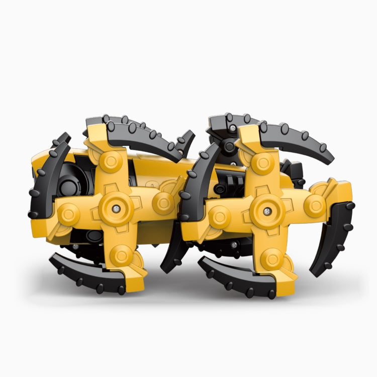 Two yellow and black DIY robot dog models with exposed gear-like wheel segments