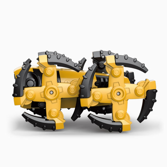 Two yellow and black DIY robot dog models with exposed gear-like wheel segments