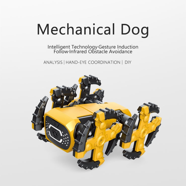 Yellow and black mechanical robot dog with front face panel and raised accessory arms