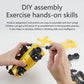 Hands assembling a yellow and black robot dog DIY kit with small connector parts