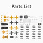 Assorted yellow and black robot dog DIY parts on a flat layout, including screws