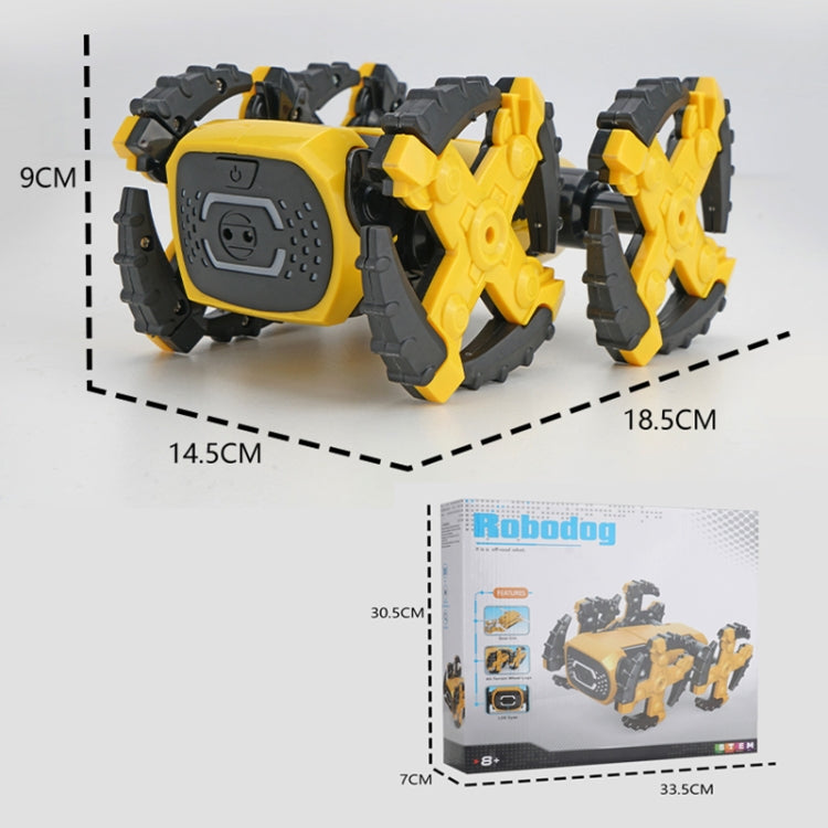 Yellow and black robot dog model next to its kit box and instruction artwork