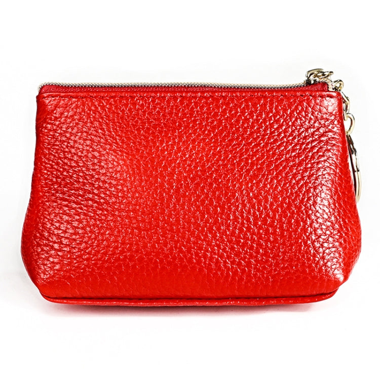 Red litchi-texture cowhide small wallet with front flap and metal key ring