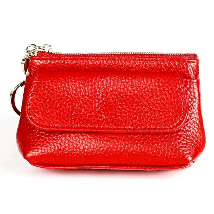 Red litchi-texture cowhide small wrist wallet with flap and zipper
