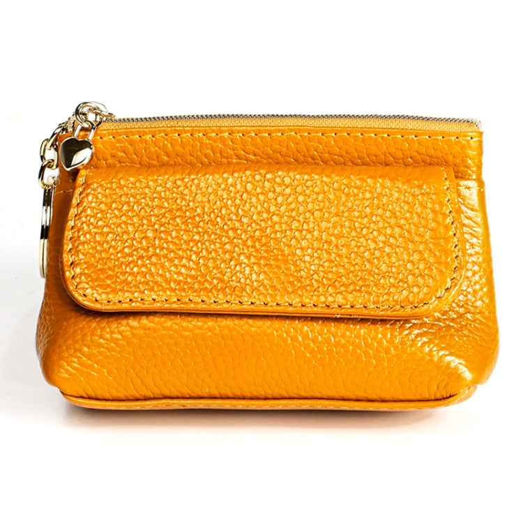 Yellow litchi-texture cowhide small wallet with flap and zipper