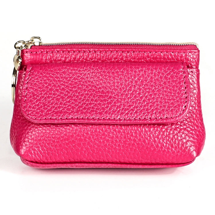 Rose red litchi-texture cowhide small wallet with front flap and zipper