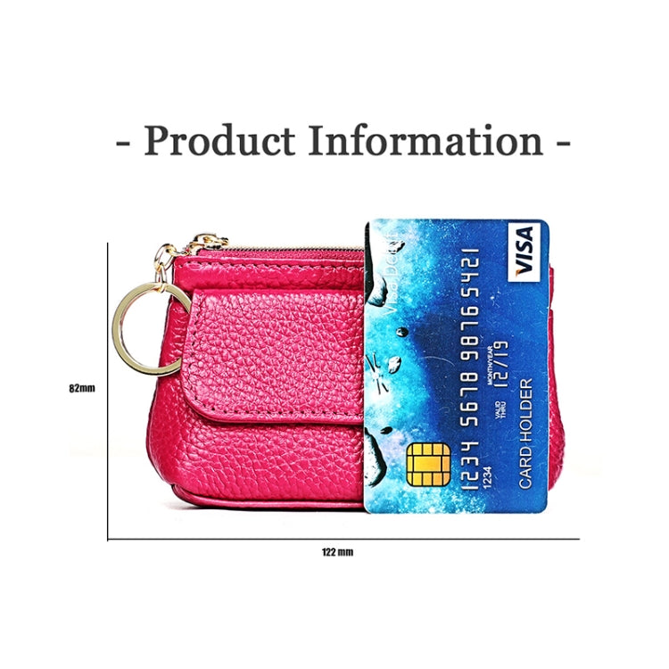 Rose red litchi-texture cowhide wallet with external card holder and zipper