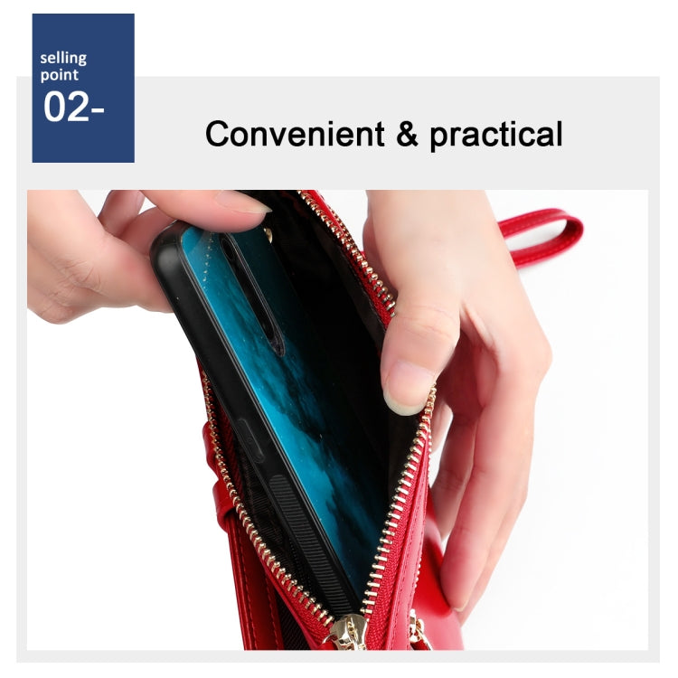Red wallet open with card slots and zipper, showing card insertion from top.