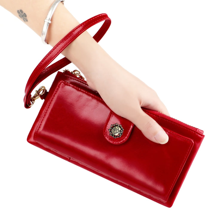 Ladies red vintage texture RFID wallet with wrist strap and snap clasp