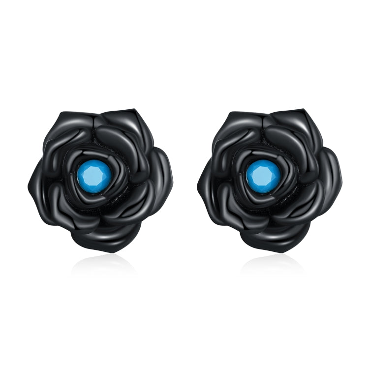 Black rose stud earrings with blue gemstone center, sterling silver look