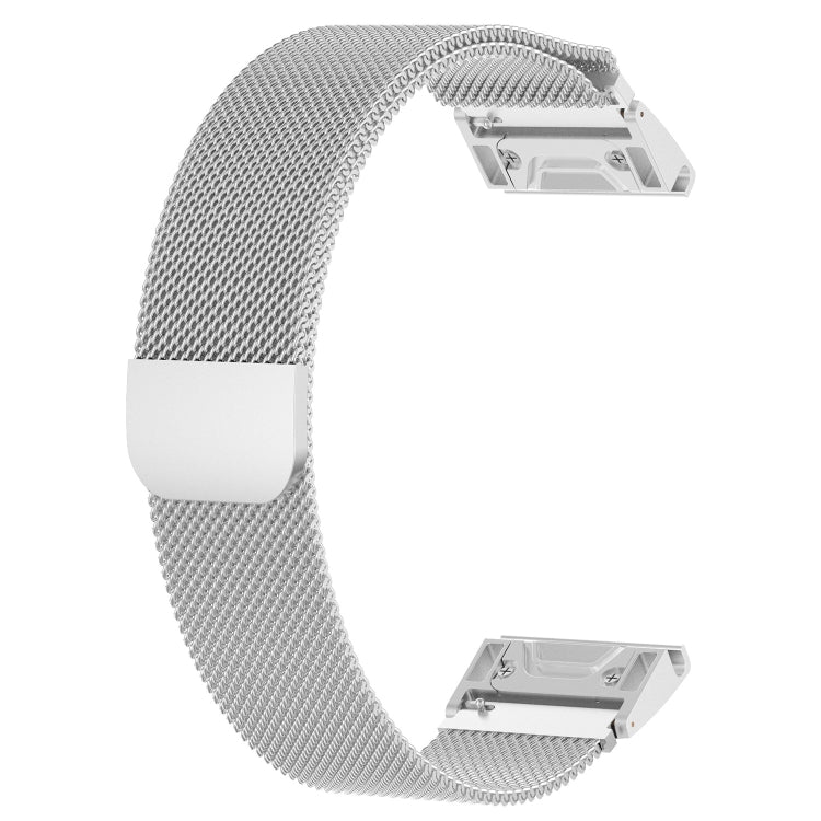 Milanese watch strap with silver mesh band and silver buckle for Garmin Fenix 6/7