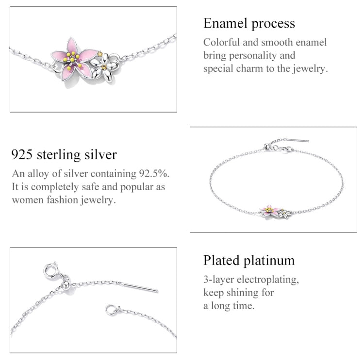 Cherry blossom bracelet with pink enamel flower charm and silver chain