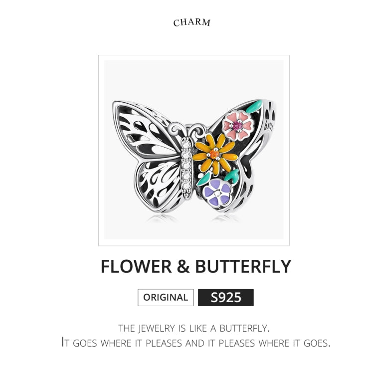 S925 sterling silver butterfly charm with flower accents