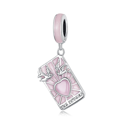 Sterling silver pendant charm with pink enamel tarot card and heart, hanging on loop