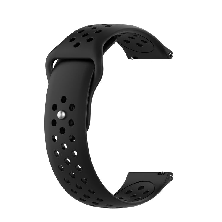 Black silicone breathable watch band with perforations and metal pin hardware