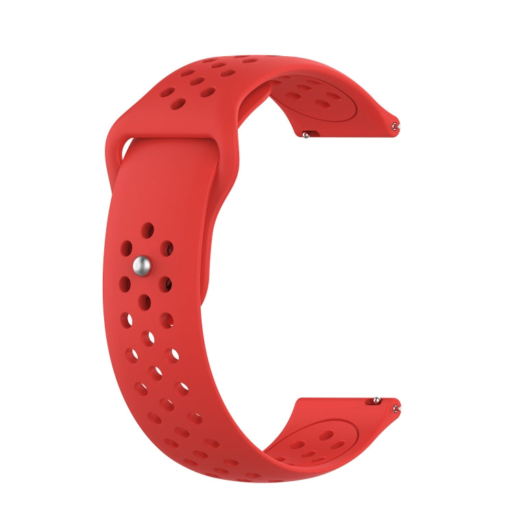 Red silicone breathable watch band with perforations and metal pins for fit