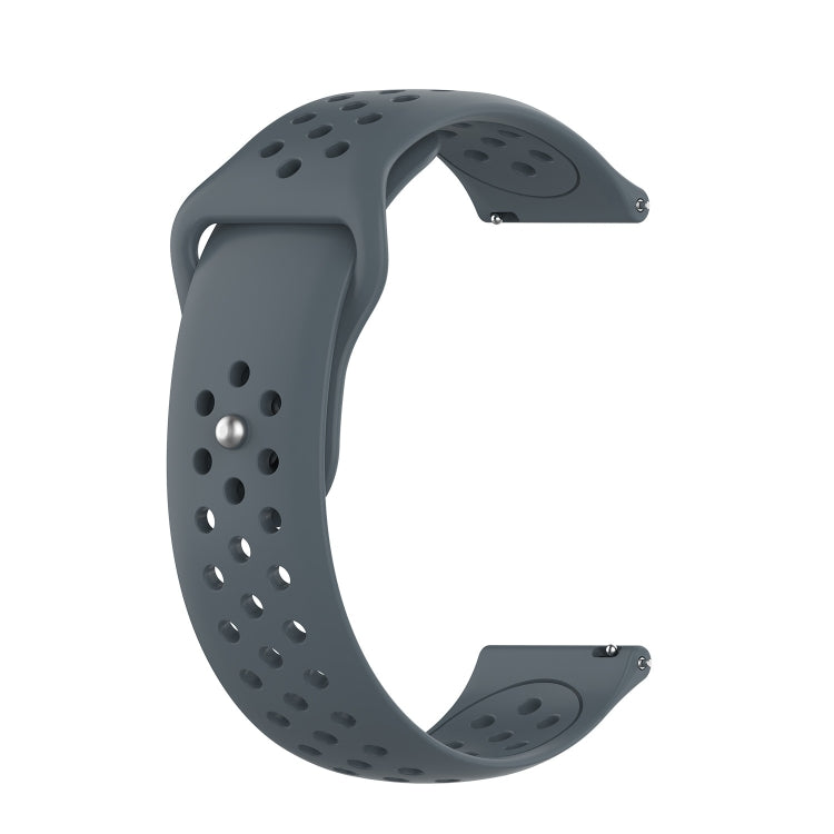 Gray silicone breathable watch band with perforations and metal pin hardware