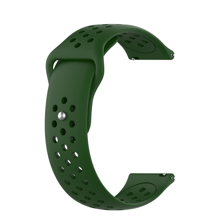 Army green silicone breathable watch band with perforations and metal pin hardware