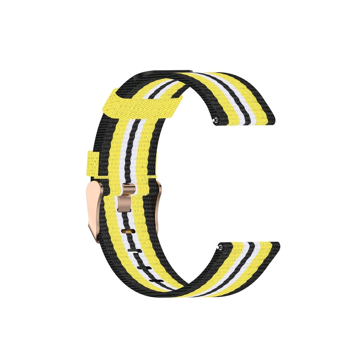 Black nylon canvas watch strap with yellow and white stripe weave and metal buckle