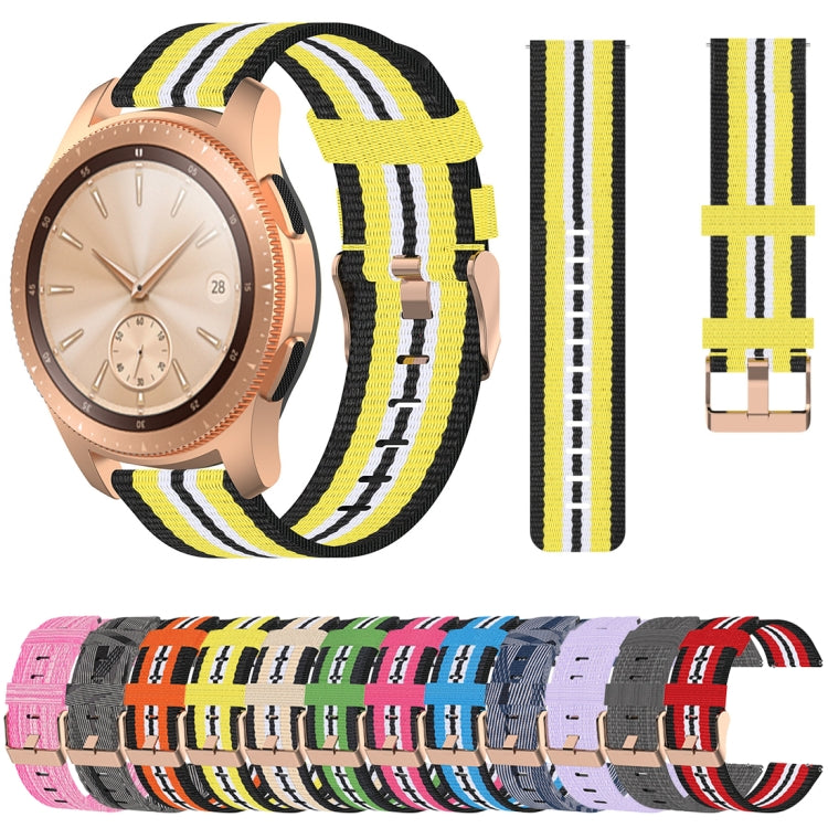 Yellow, black, and white striped nylon canvas watch strap with metal clasp