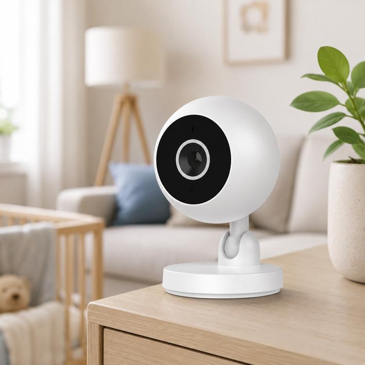 White dome security camera with black lens and desktop stand
