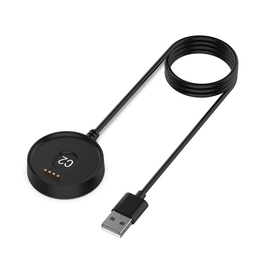 Black charging dock puck with gold contacts and USB-A data cable