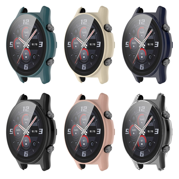 Tempered glass watch case in multiple colors: teal, ivory, dark blue, black, pink, dark gray