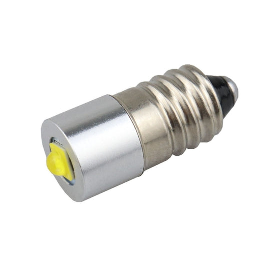 E10 LED flashlight bulb with silver metal housing, screw threads, and yellow lens