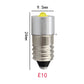 E10 LED bulb size diagram with screw base and yellow-tinted top lens