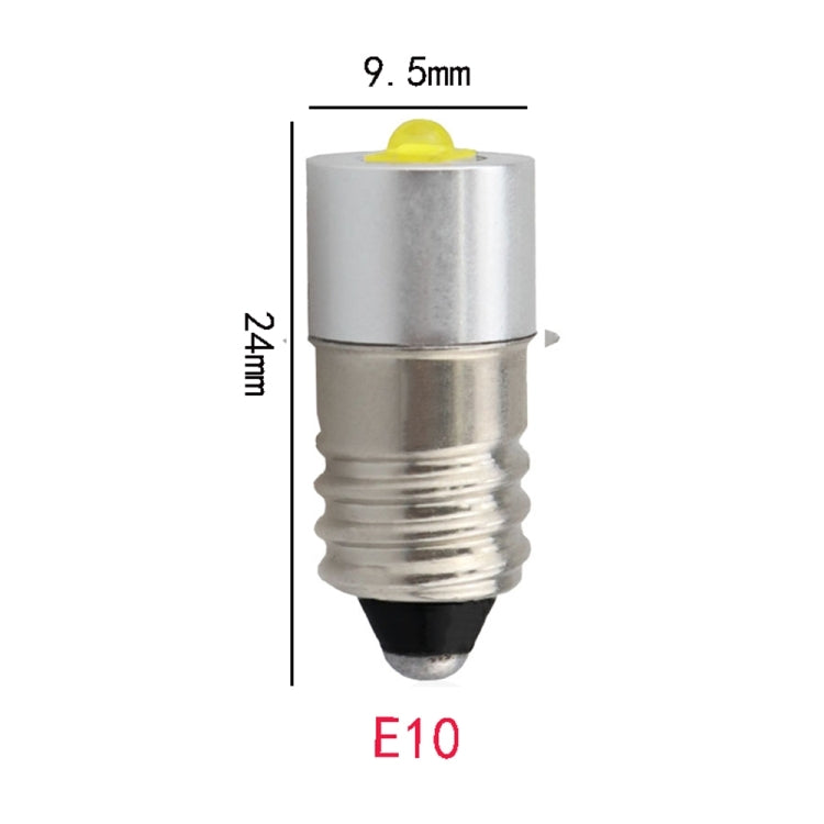 E10 LED bulb size diagram with screw base and yellow-tinted top lens