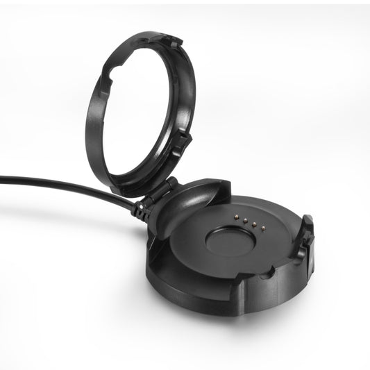 Black smartwatch charger base with circular cradle ring and connected cable
