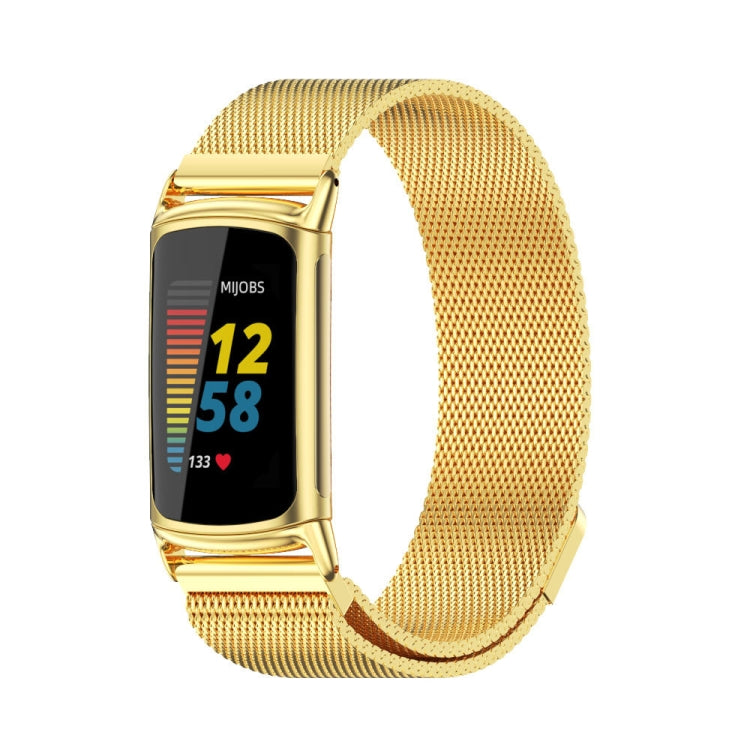 Gold magnetic metal mesh watch band with metal clasp, fitted to smartwatch